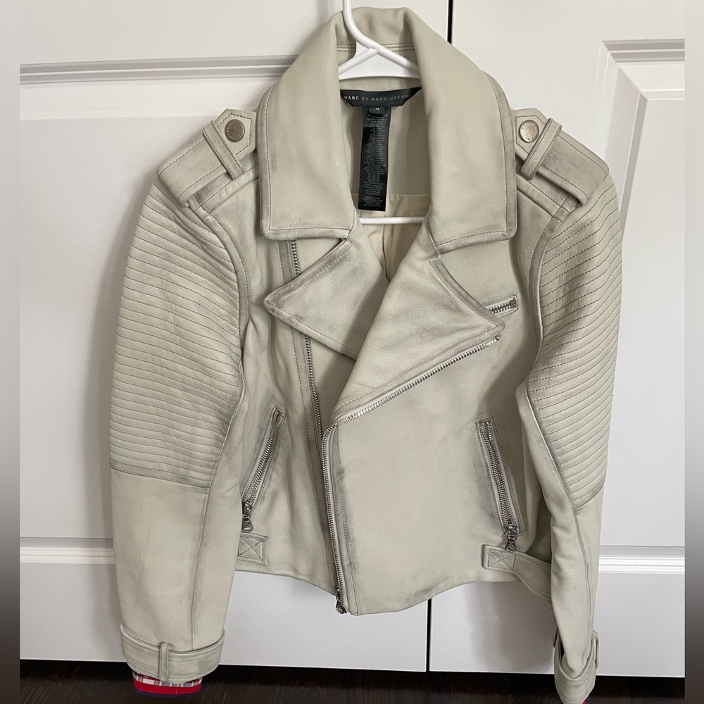 Marc Jacobs Grey Off-white Distressed Leather Moto Biker Jacket